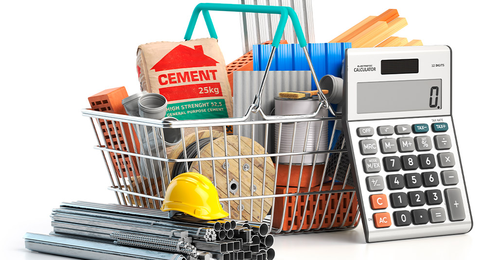 A shopping basket containing various tools and a calculator, representing budgeting for a new home in McAllen.